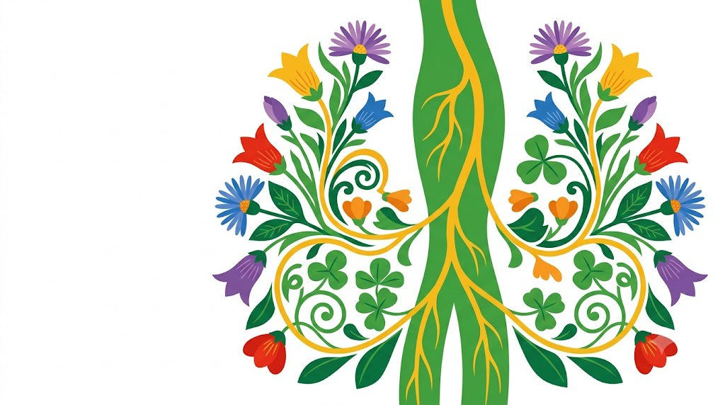 A flat folk-art vector illustration of the human vagus nerve framed by stylised flowers and curling vines on white.