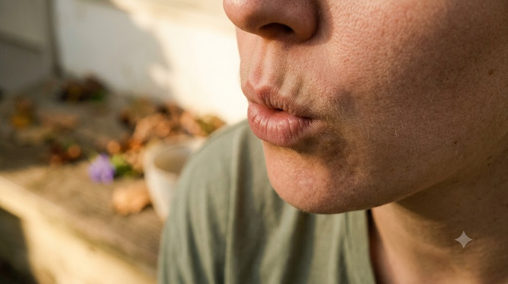Cropped at the chin, a person exhales slowly through pursed lips on a low step with fallen leaves and a chipped cup nearby.
