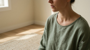 A person cropped at the chin in a sage linen top exhales slowly with dropped shoulders on a woven rug.