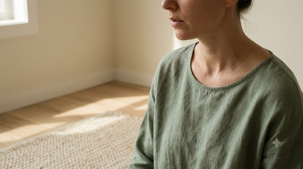 A person cropped at the chin in a sage linen top exhales slowly with dropped shoulders on a woven rug.