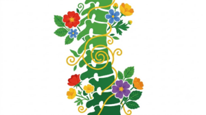Flat vector illustration of a human spine surrounded by folk-art flowers and foliage.