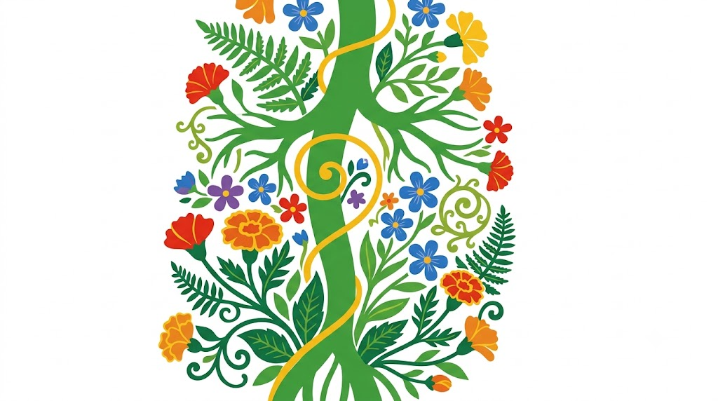 A flat folk-art vector illustration of a vagus nerve with marigolds and fern fronds climbing up around it.