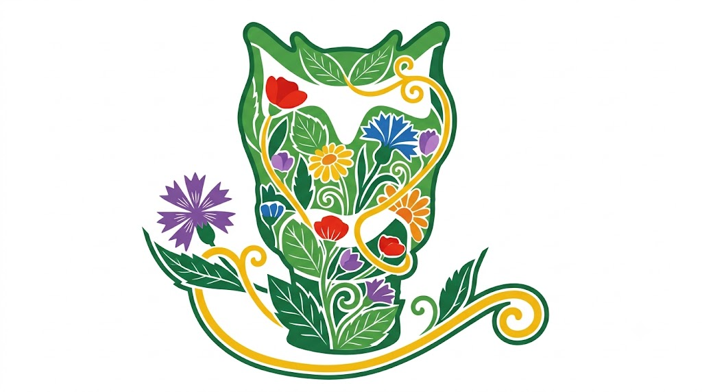Flat vector illustration of a human larynx and throat filled edge to edge with a folk-art flower garden.