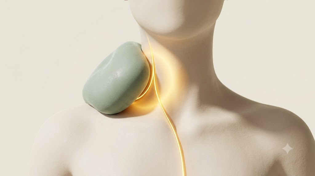 Sage green cold compress resting against the neck of a pale clay figure with a glowing golden vagus nerve line and halo beneath it