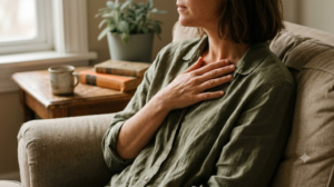 A hand resting flat over the base of a throat while seated in a deep armchair in soft window light.
