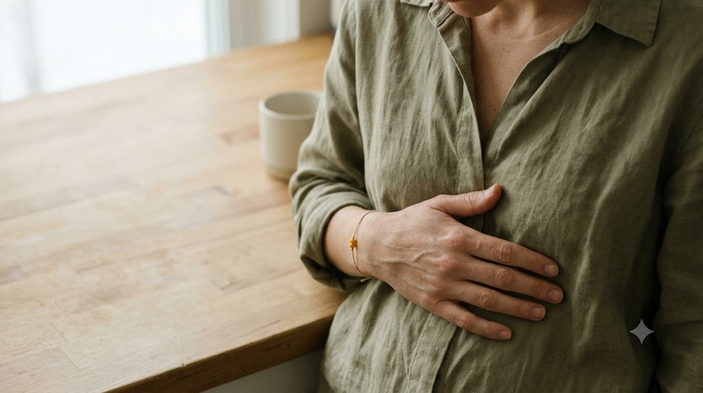 A person in an olive linen shirt rests one hand flat over their stomach at a plain kitchen counter.