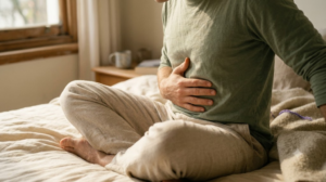 A person sitting cross-legged on a rug in a warm room, breathing slowly with one hand resting on their belly