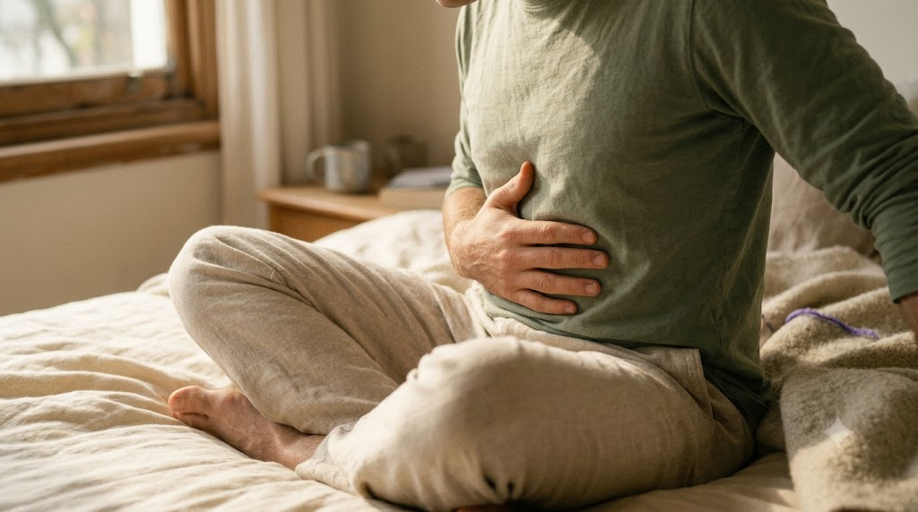 A person sitting cross-legged on a rug in a warm room, breathing slowly with one hand resting on their belly