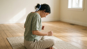 A person seated on a floor mat rolls their shoulders back in a slow stretch in a calm, softly lit room.