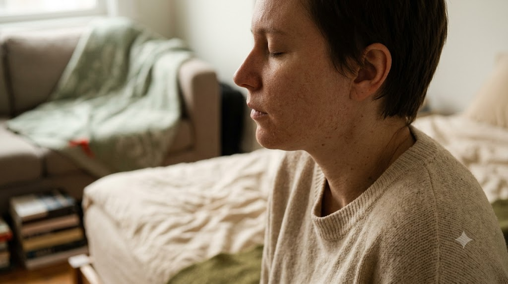 A person rolling their shoulders slowly while standing at the end of a bed in a warm, lived-in room.