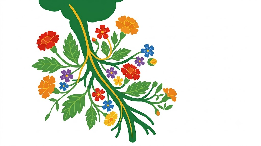 A flat folk-art vector illustration of the vagus nerve branching down from the brainstem, surrounded by stylised flowers and vines on white.