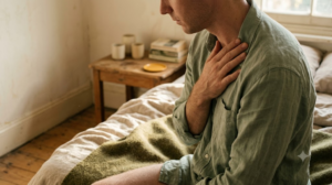 A person seated on rumpled bedding swallows carefully with a hand at the base of their throat in warm raking afternoon light.