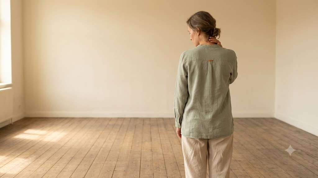 Seen from behind, a person in sage linen stands still in a bare sunlit room with a hand near their throat.