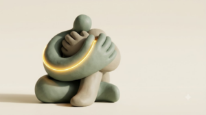 A soft matte clay render of massaging hands around a seated figure with knees drawn up, lit by a single bright golden light element on a warm cream background.