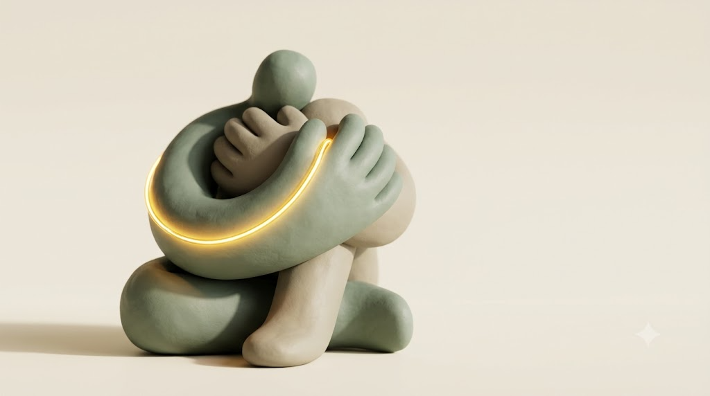 A soft matte clay render of massaging hands around a seated figure with knees drawn up, lit by a single bright golden light element on a warm cream background.