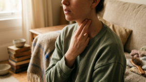 A close view of a person pressing their fingertips to their neck, face cropped, in soft window light on a sofa.
