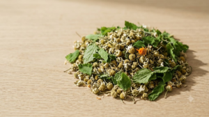Dried chamomile flowers and fresh lemon balm leaves gathered in a loose mound on a plain oak board.