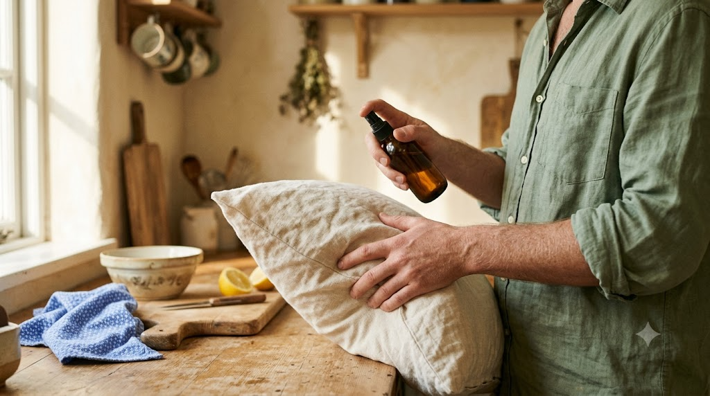 A close, warm photograph of a person misting a linen pillow with a small plain spray bottle, head cropped out of frame.