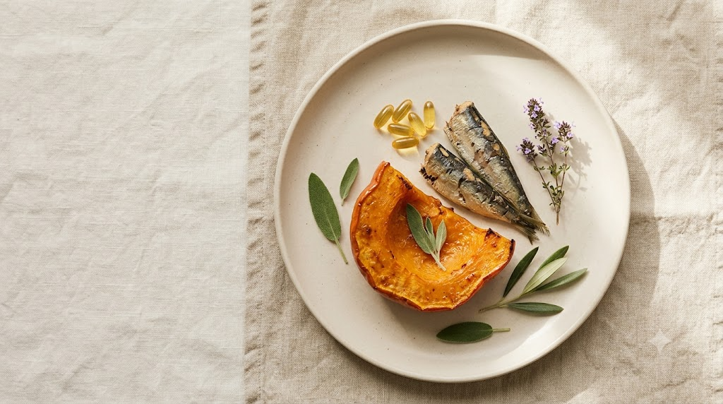 A still life photograph of a piece of cooked pumpkin with two small sardines and a few fish oil capsules on a ceramic plate.
