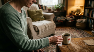 Hands setting down a cup of coffee on a worn rug in warm lamplight.