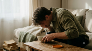 A person seated in a lived-in room lowers their face towards a bowl of cold water on a worn wooden table.