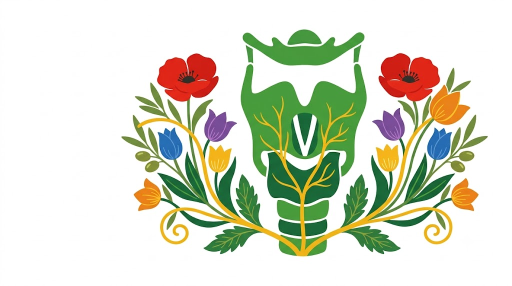 A flat folk-art illustration of a human larynx and vocal cords set between mirrored sprays of poppies, tulips and olive sprigs.