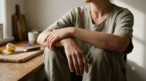 A person sitting quietly with their forearms resting on their knees in a warm room