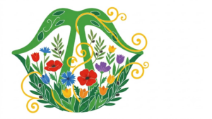 A flat vector illustration of a pair of human vocal cords filled with a folk-art flower garden on white.