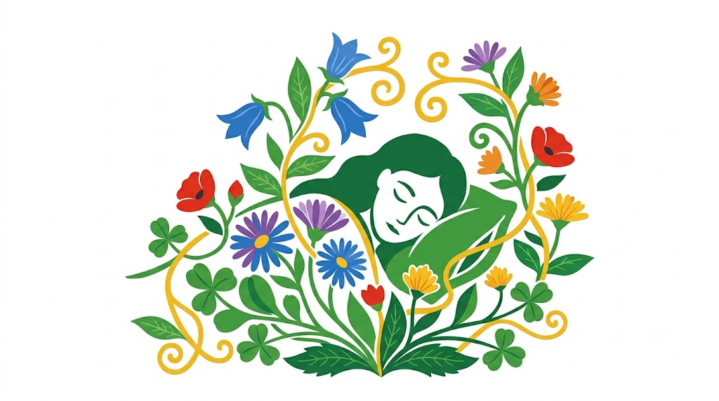 A flat folk-art illustration of a sleeping person’s head resting on a pillow with bellflowers and asters climbing up around it.
