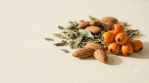 Hawthorn berries, almonds and dried green tea leaves on a sheet of soft cream paper.