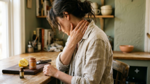 Side view of a seated person with head lowered rubbing a few drops of oil into the side of their neck at a wooden kitchen counter.