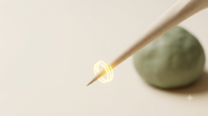 Slender bone-coloured clay spur with a golden light thread bending around its tip