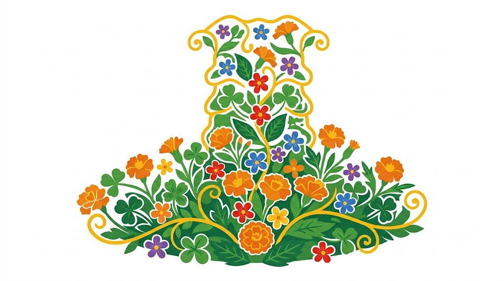 A flat folk-art vector illustration of an upright spinal column shape filled with stylised marigolds, leaves and golden vine scrollwork on a white background.