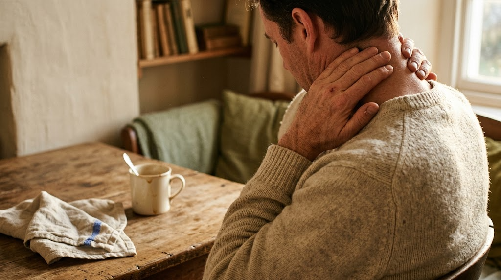 A hand kneading the back of a neck at a kitchen table with a used mug, in warm late afternoon light.