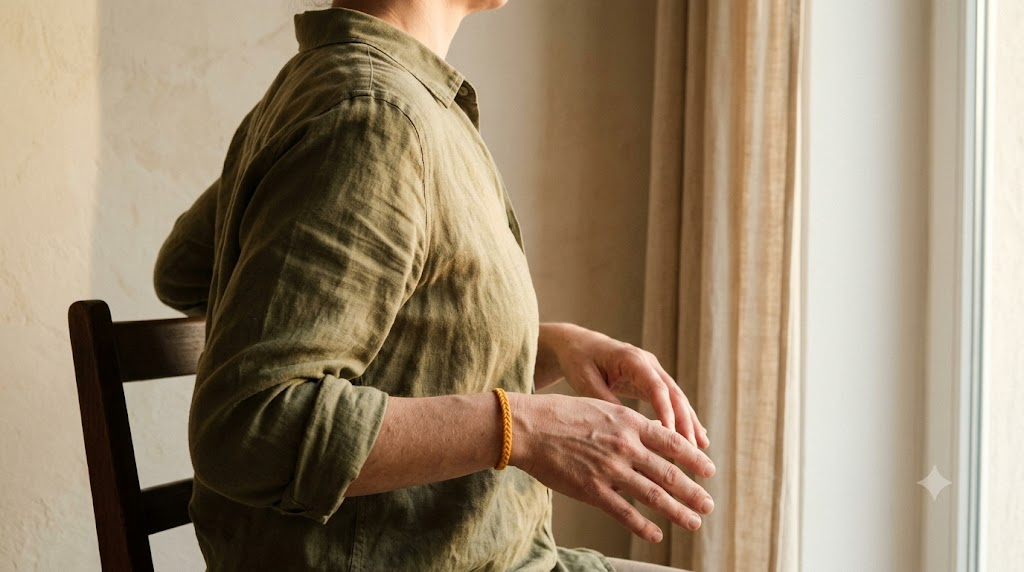 A person seated and slowly rolling their shoulders back in soft natural light.