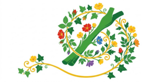 A flat folk-art vector illustration of the human vagus nerve framed by stylised flowers and curling vines on white.
