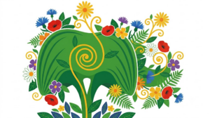 Flat vector illustration of the diaphragm framed by folk-art flowers and foliage.