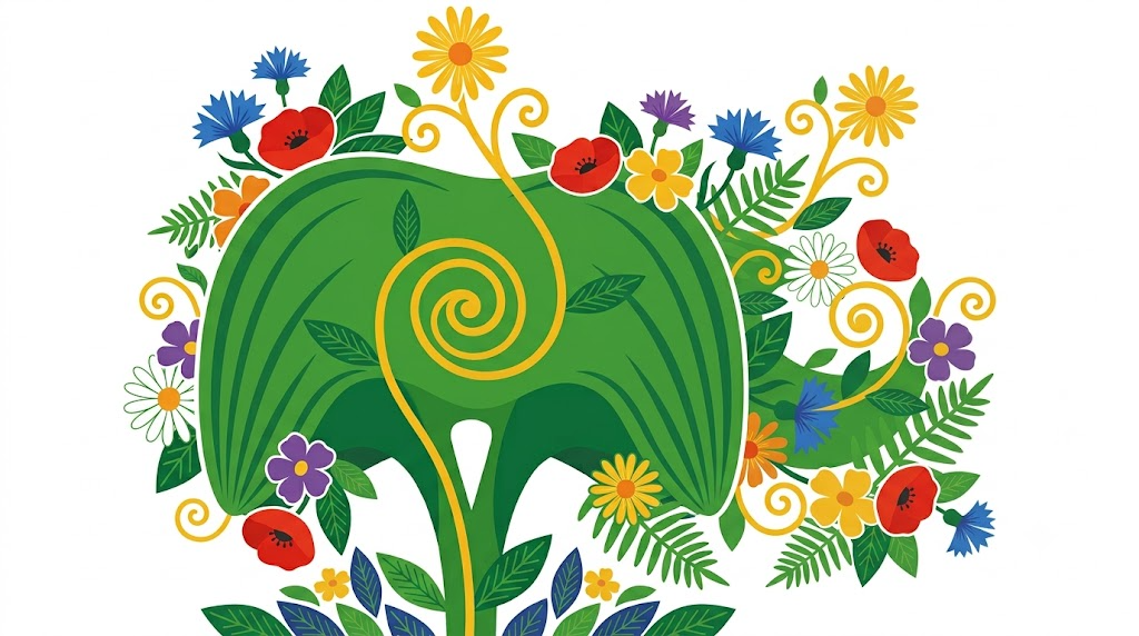 Flat vector illustration of the diaphragm framed by folk-art flowers and foliage.