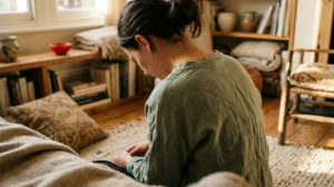 An over the shoulder view of a person on a worn rug letting their shoulders drop after a long breath out in warm late afternoon light.