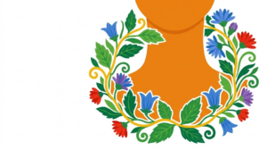 A flat folk-art vector illustration of a human neck encircled by a wreath of bellflowers, asters and broad leaves.