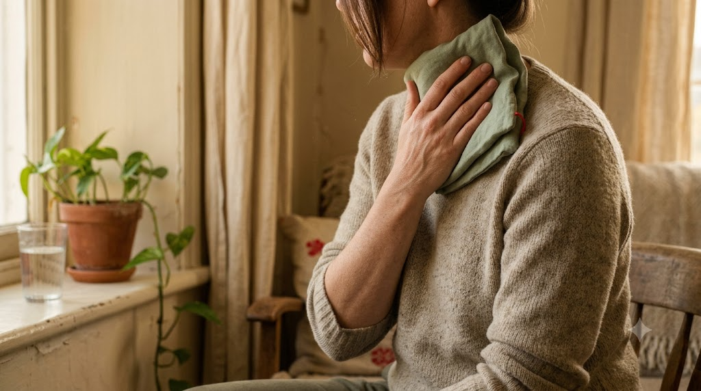A person pressing a warm compress against the side of their throat in a warm room