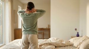 A person presses their fingertips into the base of their skull in a calm, softly lit room.