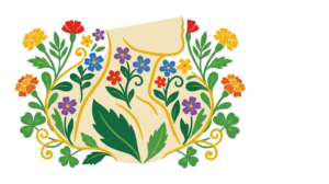A flat folk-art vector illustration of a human neck and shoulder framed by stylised flowers and vines on white.
