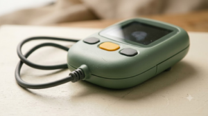 An unbranded sage handheld nerve stimulator with blank buttons, a dark screen and a coiled cable on a cream painted board.
