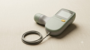 A small unbranded sage handheld nerve stimulator with a rounded probe tip on fine linen cloth.