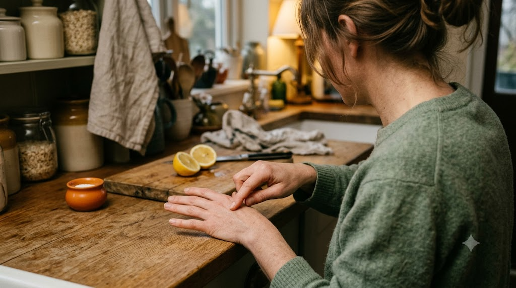 A person tapping lightly with two fingertips on the side of their hand at a wooden counter.