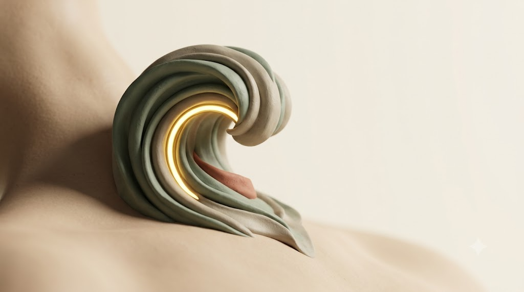 A soft matte clay render of an electrode pad on a neck shaped as a wave form frozen mid curl, with a single bright golden light element.