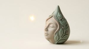 A soft matte clay sculpted head in three-quarter profile with a drop of essential oil, marked by a single bright golden light element.