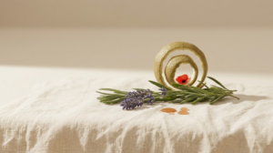 A still life photograph of fresh lavender sprigs and a curl of bergamot peel with drops of essential oil on pale linen.