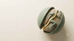 A soft matte clay render of a running figure inside a hollow sphere split open along one seam, lit by a single bright golden light element.